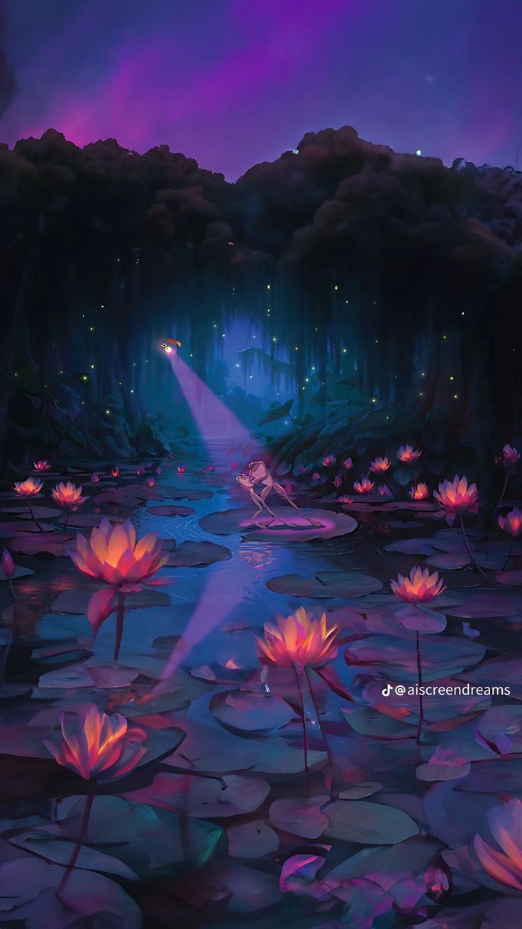 a painting of water lilies in the middle of a pond with lights shining on them