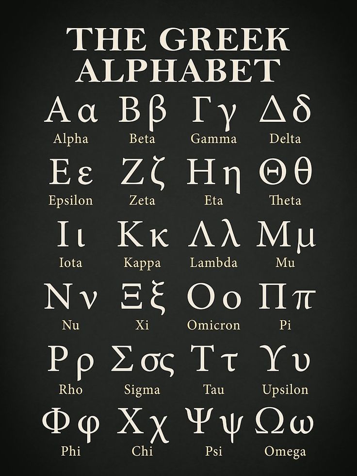 the greek alphabet is shown in black and white, with letters that appear to be different languages