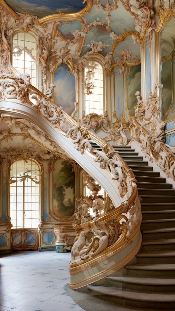 an ornate staircase in the middle of a room