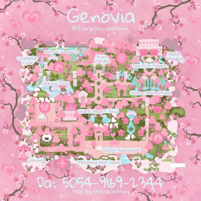 a pink poster with lots of trees and flowers on it's side, in the shape of a map