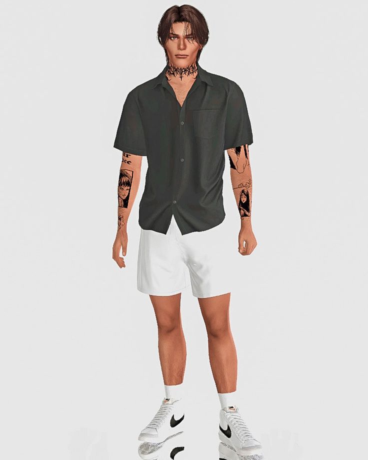 a man in white shorts and black shirt with tattoos on his arm