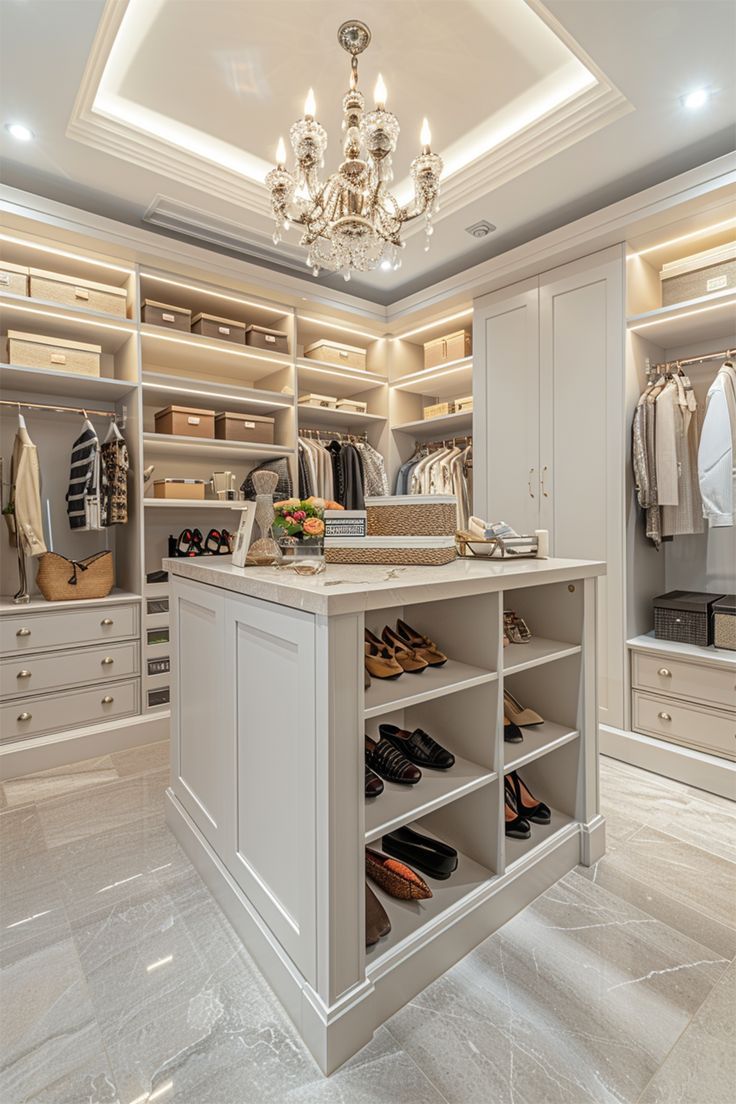 a walk in closet with chandelier and shoes on the counter top next to it