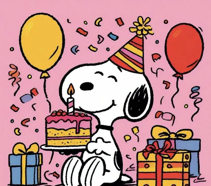 a cartoon dog holding a birthday cake with balloons and confetti on it's head