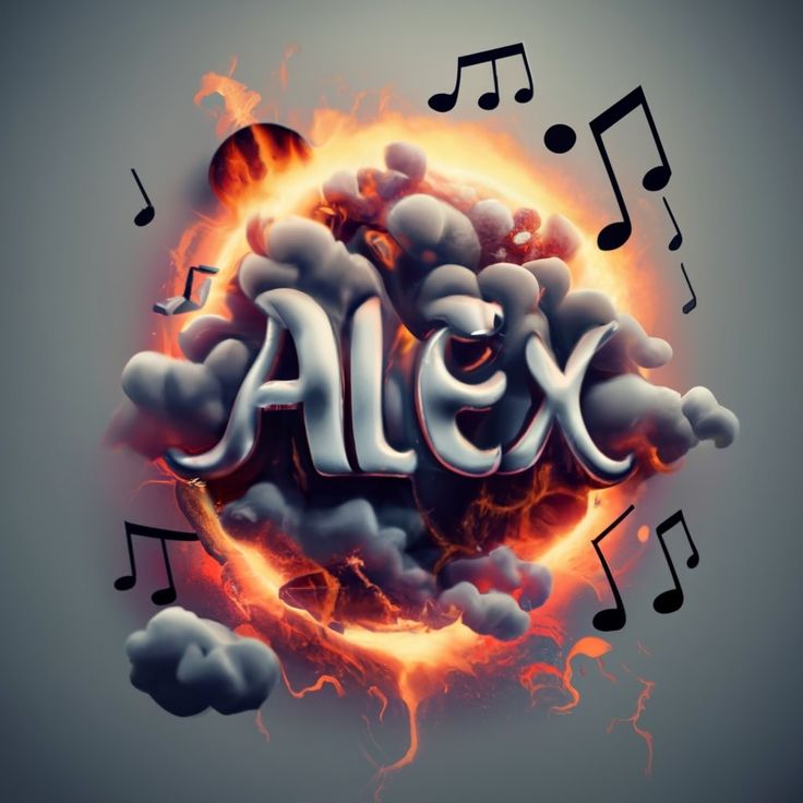 the word alex is surrounded by music notes and fire with an orange flame in the middle