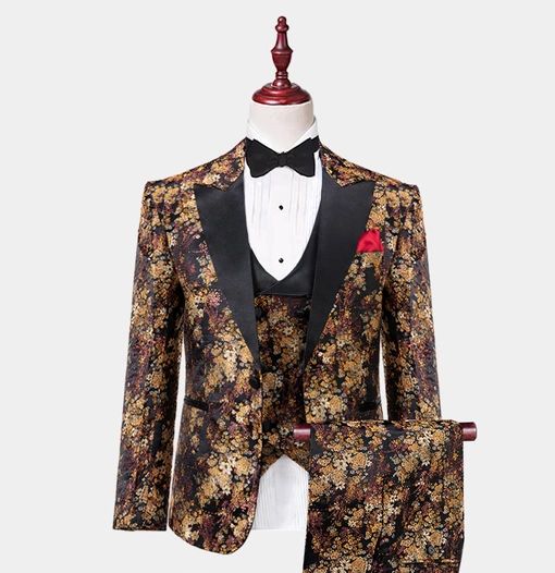 Black-and-gold-Vintage-Floral-Print-Tuxedo-from-Gentlemansguru.com Elegant Fitted Orange Suit, Fitted Orange Suits For Fall, Orange Suits For Spring Formal Events, Orange Formal Suit For Fall, Elegant Formal Suits With Floral Print, Elegant Floral Print Suits For Formal Occasions, Elegant Floral Print Suit For Formal Occasions, Elegant Floral Print Formal Suits, Formal Tailored Suits With Floral Print