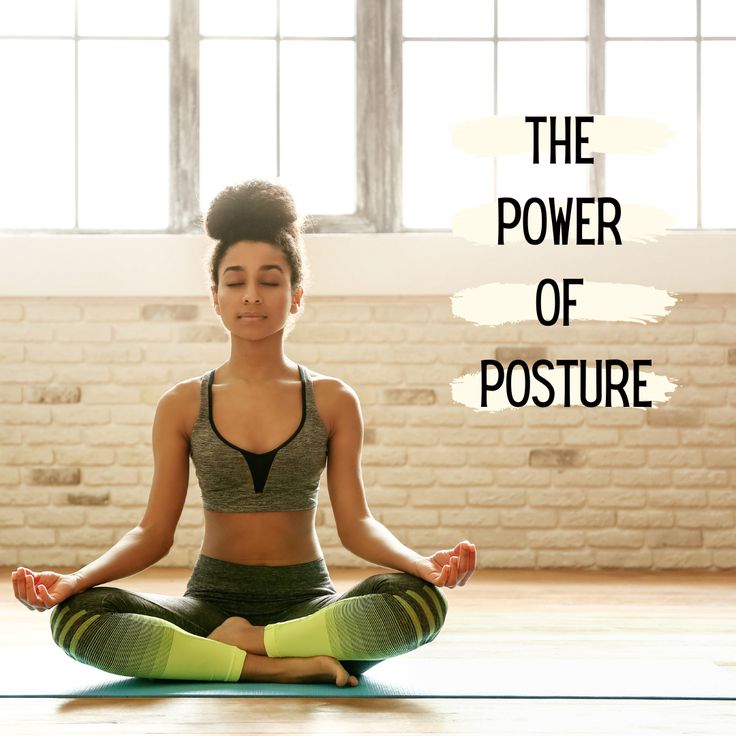 a woman sitting in a yoga pose with the words the power of posture above her