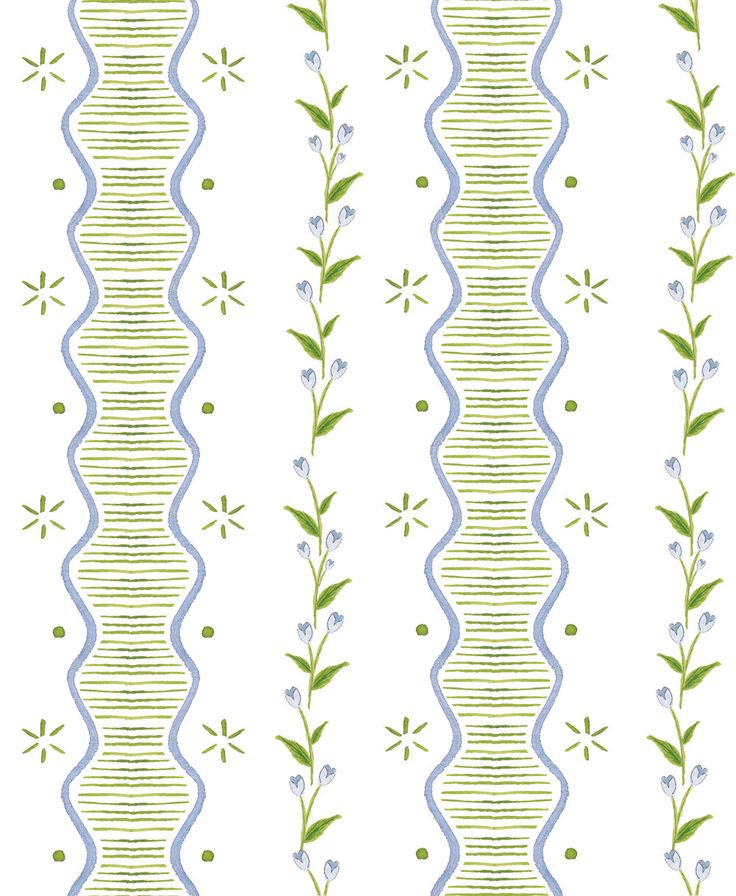 a green and blue striped wallpaper with flowers