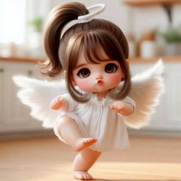 a doll with angel wings is standing on the floor