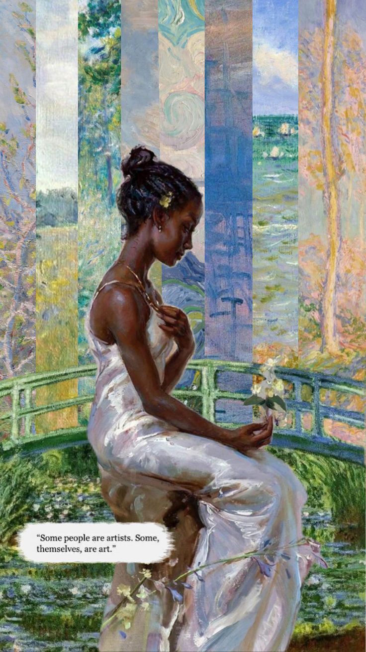 a painting of a woman sitting on a bench looking at her cell phone while holding a flower