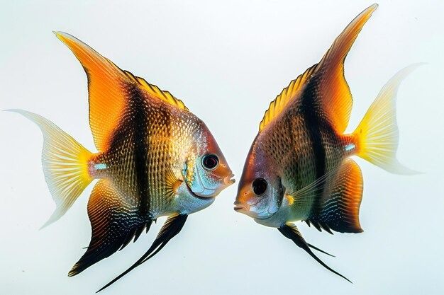 two orange and black fish facing each other on a white background with water in the foreground