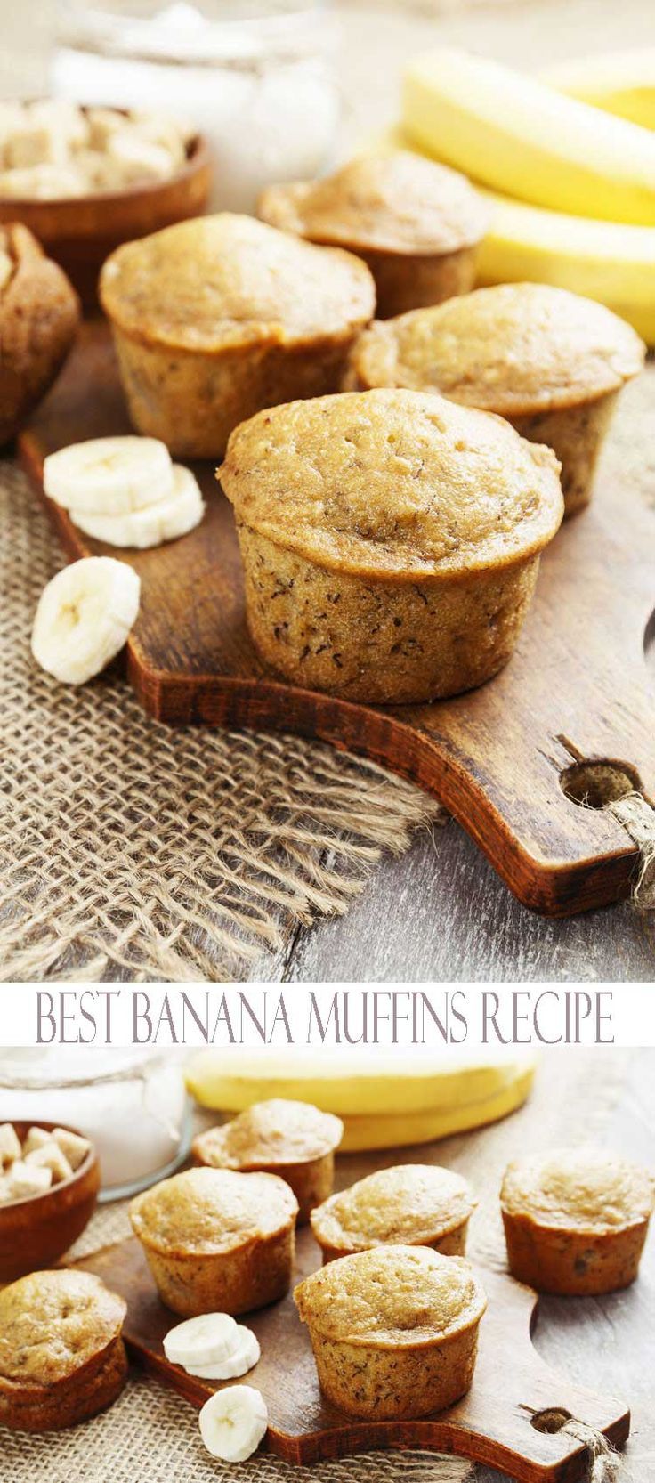 banana muffins on a cutting board with bananas in the background and text overlay that says best banana muffins recipe