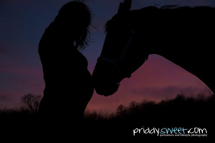 a woman standing next to a horse at sunset