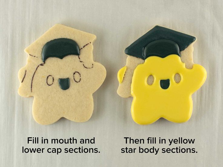 two decorated cookies with graduation caps and gowns on them, one is yellow and the other is black