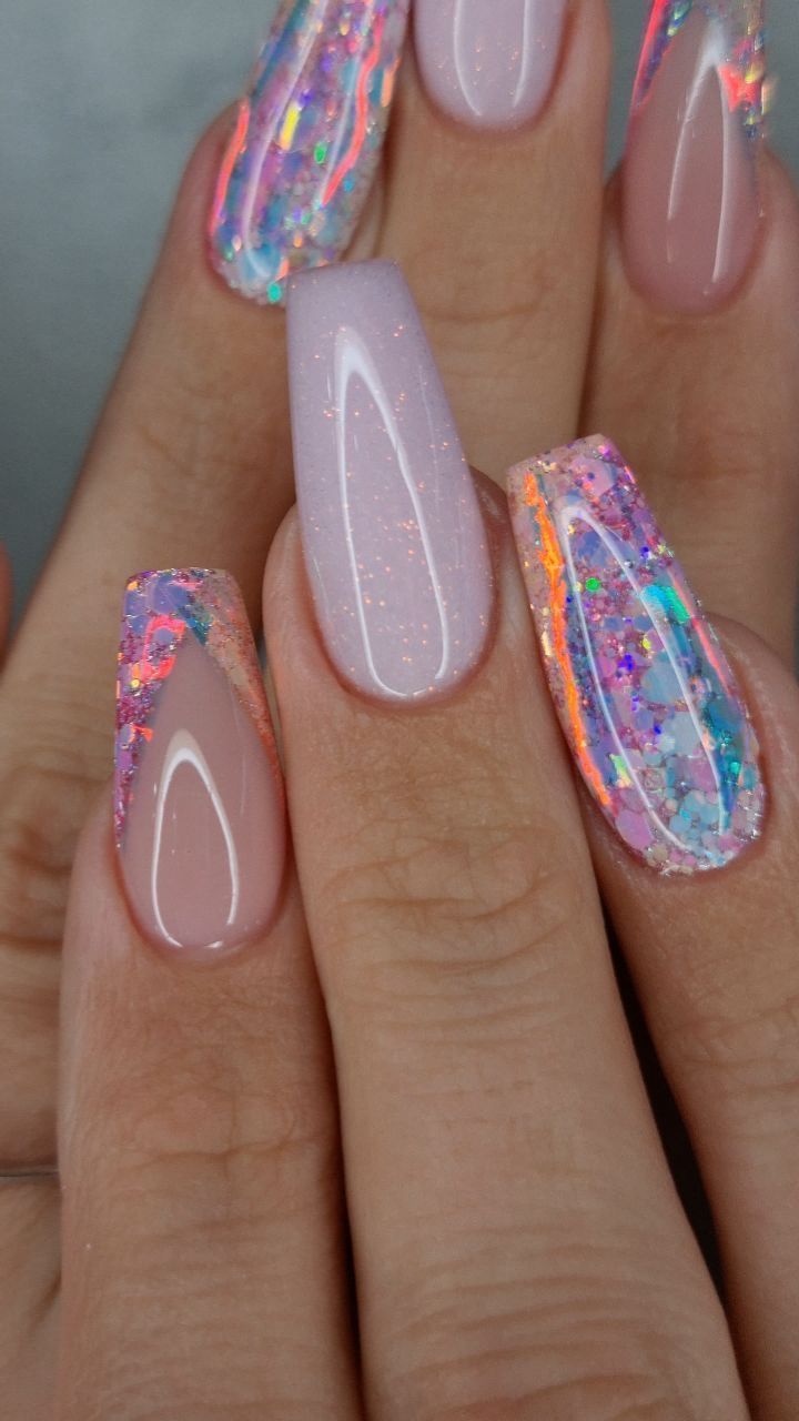 Colorful Glitter Nails Acrylic, Nails Gelx Ideas, Vacation Inspired Nails, Glitter Beach Nails, Nail Ideas 2024, Nude Glitter Acrylic Nails, Cool Gel Nail Designs, Iridescent Nail Designs, Colour Nail Designs