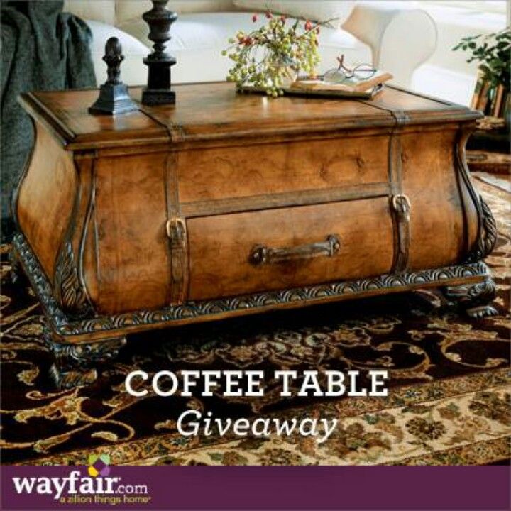 a coffee table with a trunk on it and the words coffee table giveaway written below