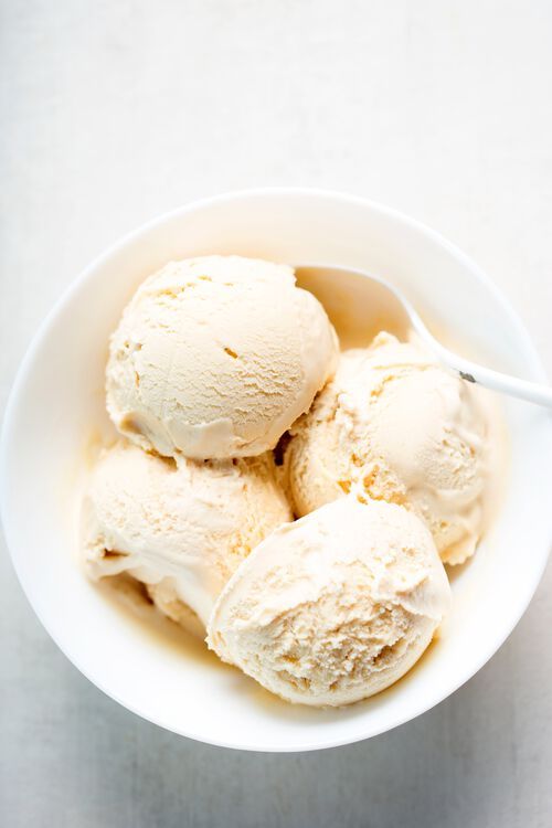 three scoops of ice cream in a white bowl