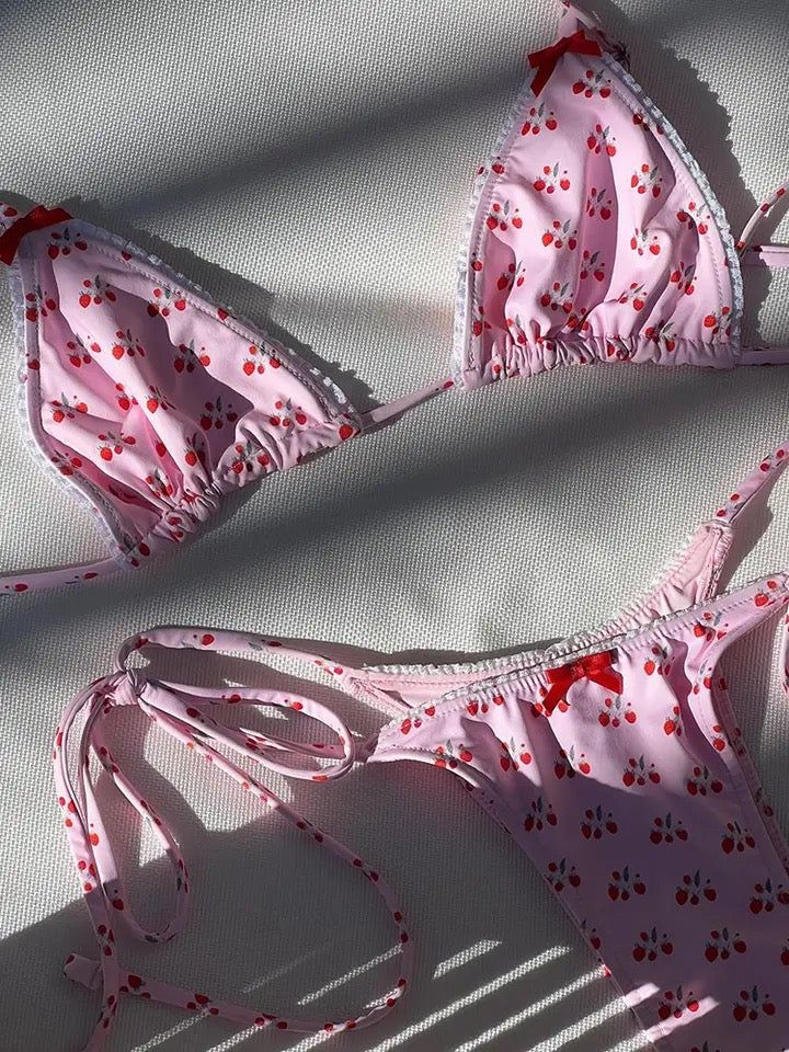 Pink Cherry Bikini Set Cute Red Summer Swimwear, Playful Pink Adjustable Swimwear, Cute Red Swimwear For The Beach, Cute Red Swimwear For Poolside, Pink String Swimwear, Summer Cherry Print Swimwear For Vacation, Cute Adjustable Swimwear For Vacation, Cherry Print Swimwear For Beach Season, Cherry Print Swimwear For Vacation Beach Season