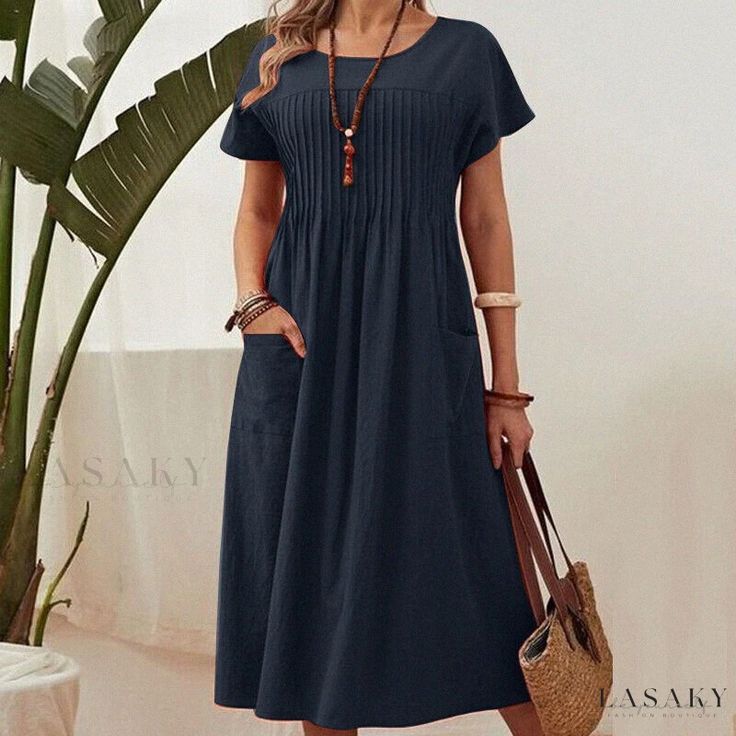 Lasaky - Cotton Linen Maxi Dress with Round Neck, Pockets, Pleats, and Short Sleeves Dirndl Outfit, Summer Day Dresses, Sukienki Plus Size, Bandeau Tops, Plain Dress, Cotton Linen Dresses, Mini Robes, Loose Fitting Dresses, Linen Maxi Dress