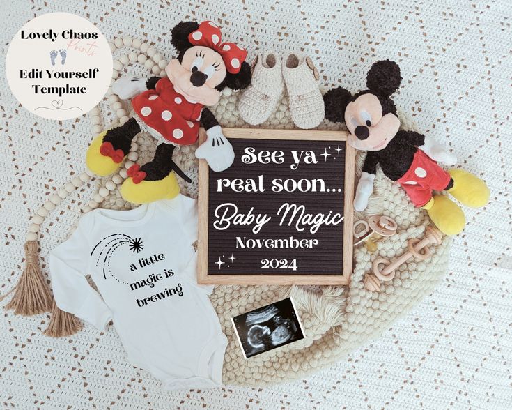 there is a sign that says see ya real soon baby mickey mouse and other items