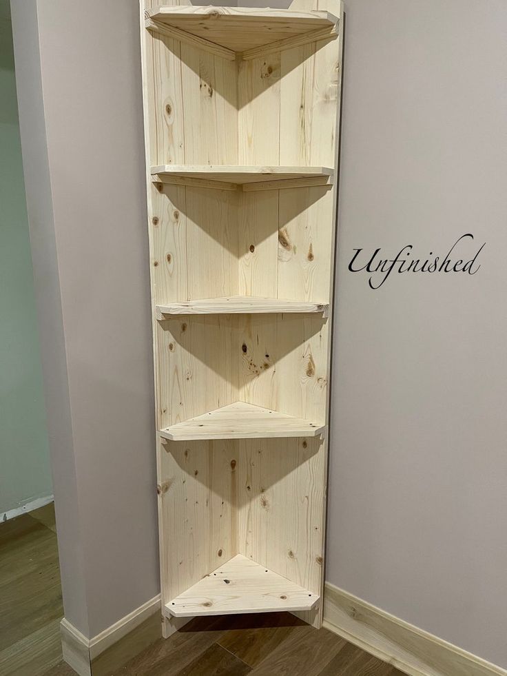 the corner shelf is made out of wood