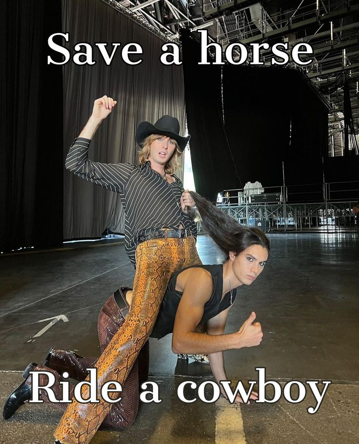 a man and woman posing for a photo with the caption save a horse ride a cowboy