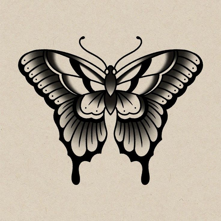 a black and white butterfly tattoo design on a light colored background with the shape of a wing