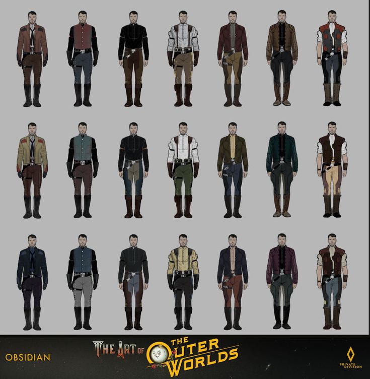 an image of the outer world characters in different poses and outfits for each individual character