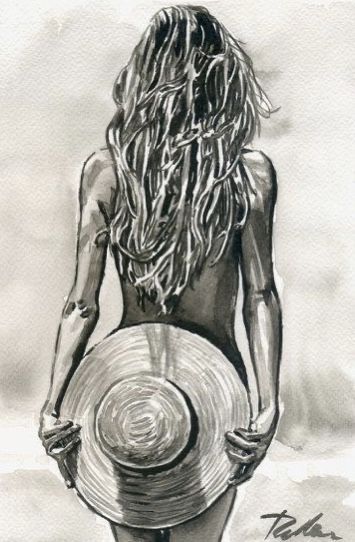 a drawing of a woman walking on the beach with a hat in her hand and long hair