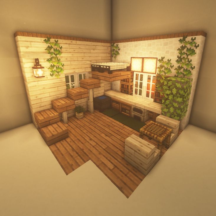 a room with wooden floors and plants growing on the walls