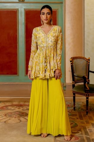 Lime yellow padded peplum kurta with geometric, floral print and dori, mirror embellishment. Paired with palazzo. - Aza Fashions Paulmi And Harsh, Rajdeep Ranawat, Kurta And Palazzo, Haldi Outfits, Lime Yellow, Yellow Fits, Dhoti Pants, Palazzo Set, Peplum Jacket