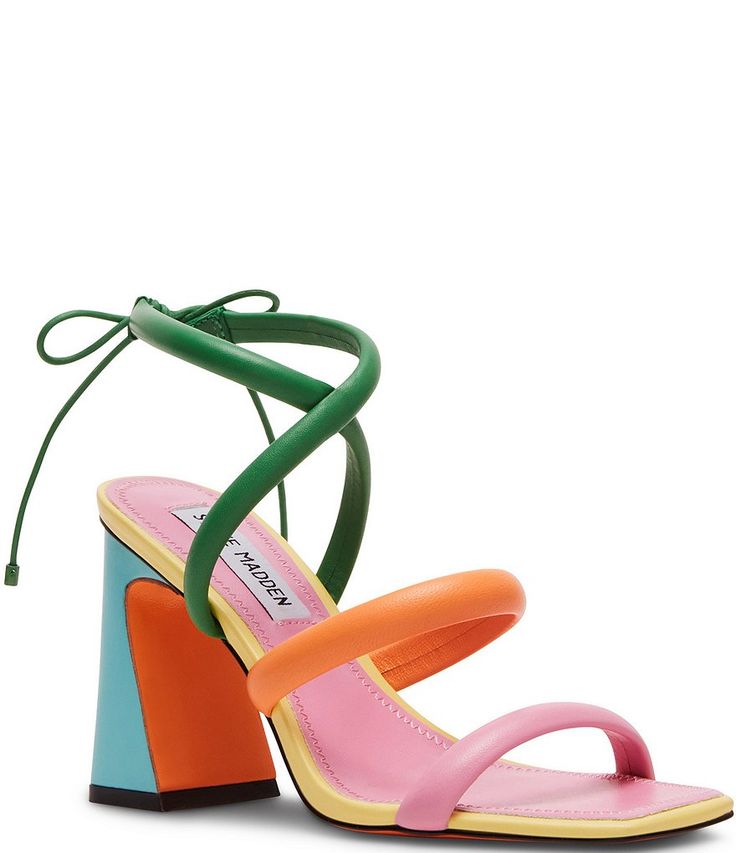 Steve Madden Punctual Leather Strappy Sandals | Dillard's Cocktail Shoes Comfortable, Colorful Bride Shoes, Pink And Green Heels, Colorful Platform Heels, Cool Heels, Unique High Heels, Summer Shoes For Women, Funky Heels, Fun Shoes