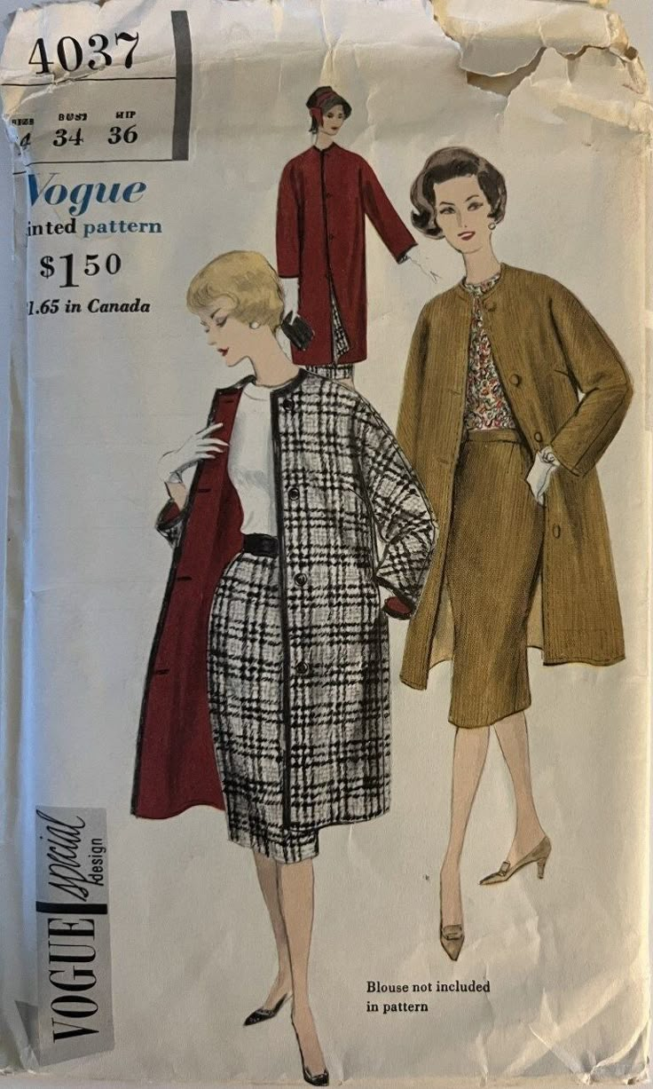 Vintage 4037 Vogue (1959) Vogue Special Design Size 14 Bust 34" Note: Today's size 12 has a 34" bust Reversible Coat and Skirt. Seven-eighths length straight coat buttons below high, round, collarless neck-line. Concealed pocket in side seams. Long kimono sleeves. Slim skirt. Pattern is complete with instructions. It is unused and factory folded. Excellent condition. Envelope is clean, intact with clear graphics. It light tanning and the top has tears.   Please see pics. Please contact me with q 50s Coat, 1950s Coat, Coat And Skirt, Coat Skirt, Slim Skirt, Reversible Coat, Reno Nv, Vogue Patterns, Kimono Sleeves