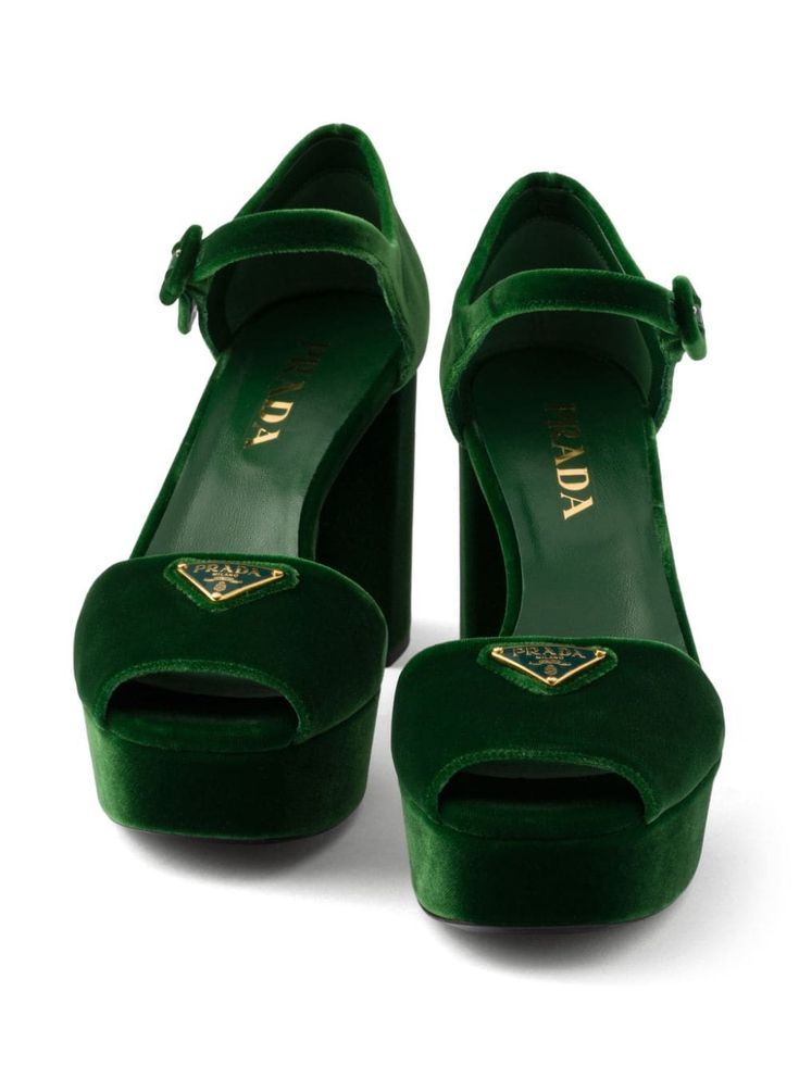 Find PRADA 95mm Velvet Platform Sandals on Editorialist. dark green velvet enamel triangle logo square open toe single toe strap buckle-fastening ankle strap 95mm block heel branded leather insole platform sole Designer Platform Heels, Luxury Green Sandals With Padded Heel, Luxury Green Evening Sandals, Luxury Green Sandals With Round Toe, Luxury Green Round Toe Sandals, Green Formal Sandals With Buckle Closure, Formal Green Sandals With Buckle Closure, Luxury Green Open Heel Heels, Designer Green Formal Sandals