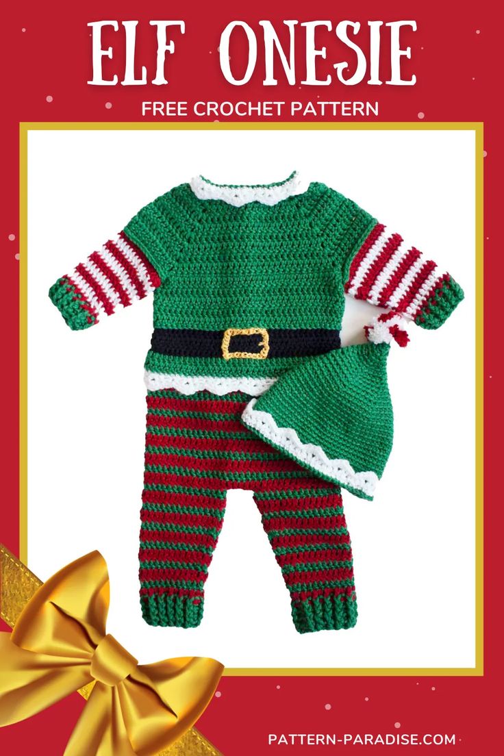 a crocheted christmas outfit and hat for a baby's elf - themed outfit