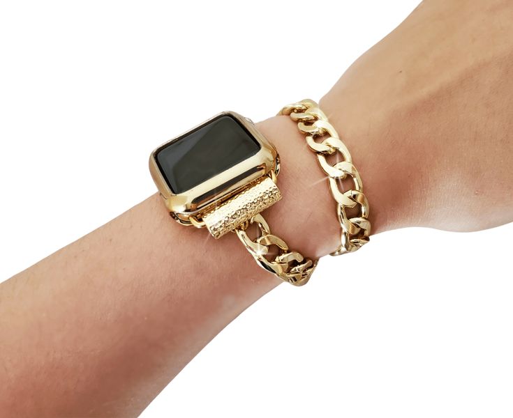 Elegant and chic handmade chain link apple watch bracelet. Made to create a unique look to your favorite watch and make you feel special during all day and even night. The bracelet is made from gold plated brass chain links and decorated with gold plated details , chain extension and lobster claw clasp.PLEASE, MEASURE YOUR WRIST BEFORE ORDERING THE BAND. HOW TO MEASURE: Using a fabric tape measure, encircle the part of your wrist where you will be wearing your watch.Choose your size for your per Gold Stainless Steel Bracelets As Fashion Accessory, Gold Stainless Steel Bracelet As Fashion Accessory, Adjustable Gold Watch Band With Solid Link Construction, Trendy Gold Metal Watch Bands, Elegant Gold Metal Apple Watch Band, Luxury Gold Metal Watch Bands, Elegant Chain Link Bracelet Watch Bands, Elegant Gold Watch Accessories With Solid Link Construction, Elegant Chain Link Bracelet Strap Watch Bands