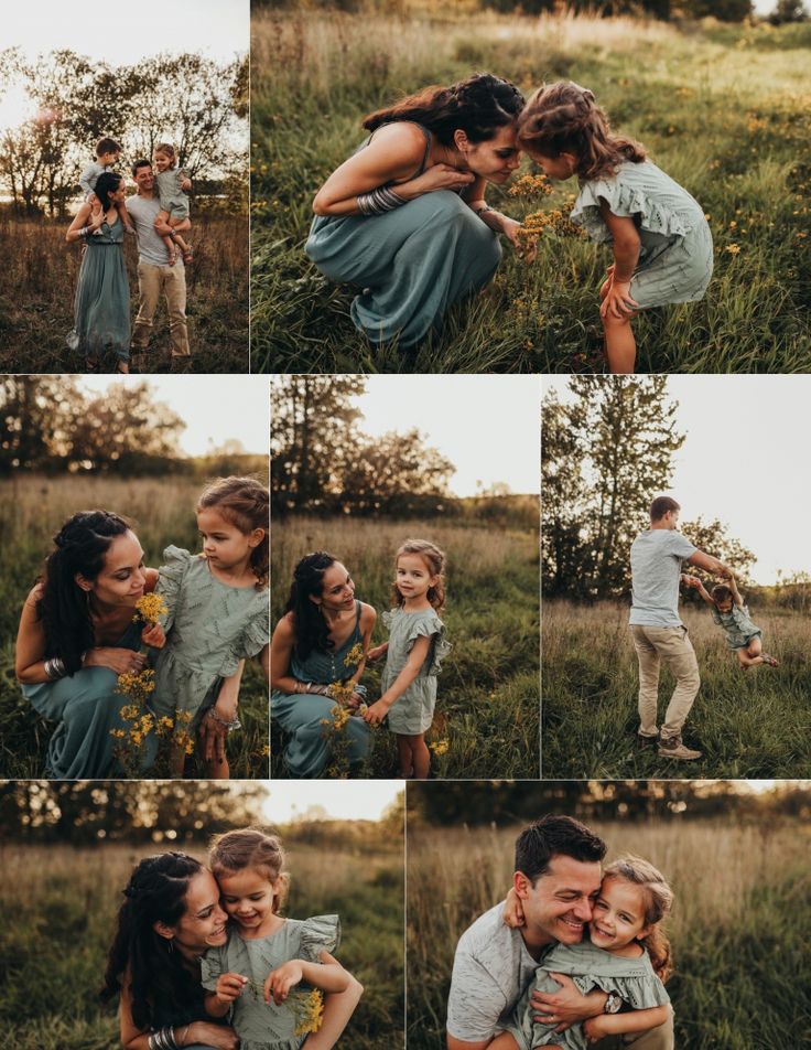 a collage of photos shows a man and woman hugging each other in the grass