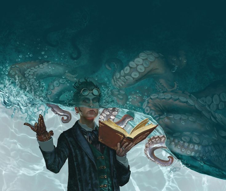 a man holding an open book in front of his face with octopus tentacles surrounding him