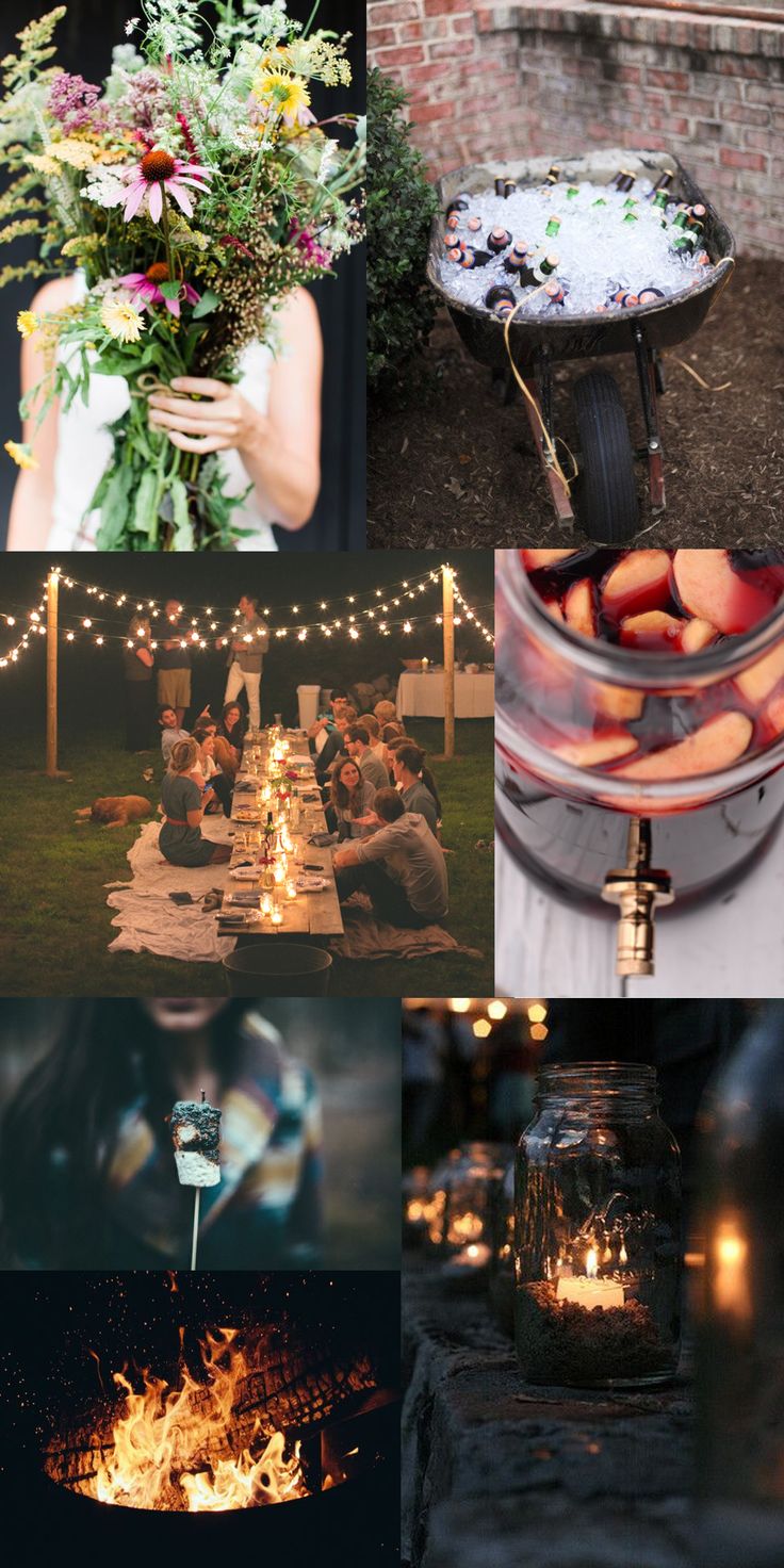 a collage of photos with candles and flowers in them, including an open fire pit