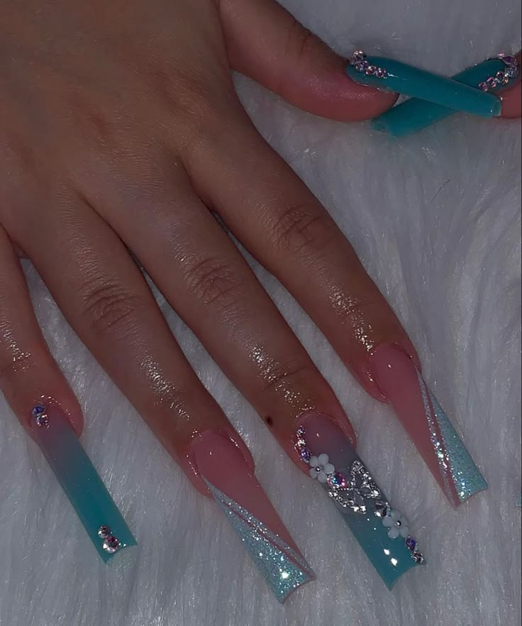 Turquoise Birthday Outfit, Pisces Acrylic Birthday Nails, Teal Long Nails, Mermaid Themed Nails, Cinderella Theme Nails, Extra Acrylic Nails Designs, Teal Prom Nails, Blue Fairy Nails, Teal Nails Acrylic