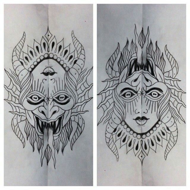 two drawings of sun and moon faces in black ink on white paper, one is drawn with