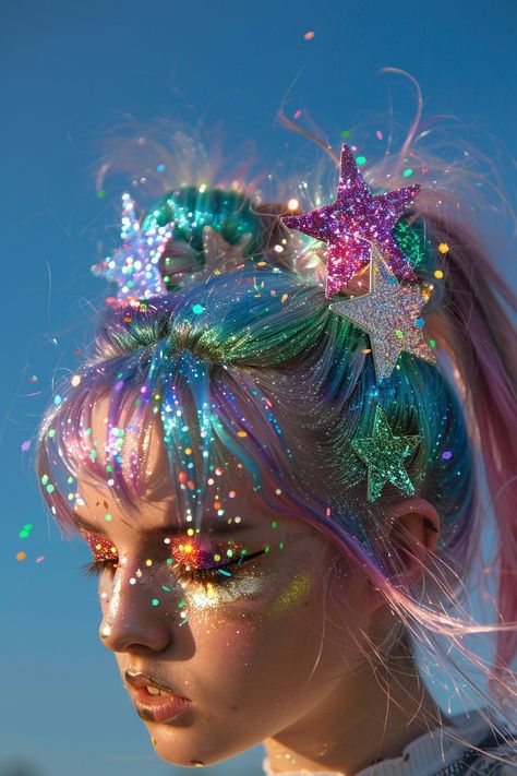 Bright Club Outfits, Cosmic Festival Outfit, Galaxy Festival Outfit, Colorful Festival Hair, Out Of This World Hairstyles, Space Buns Festival, Festival Hair Space Buns, Festival Day Outfits, 90s Neon Cosmic Carnival