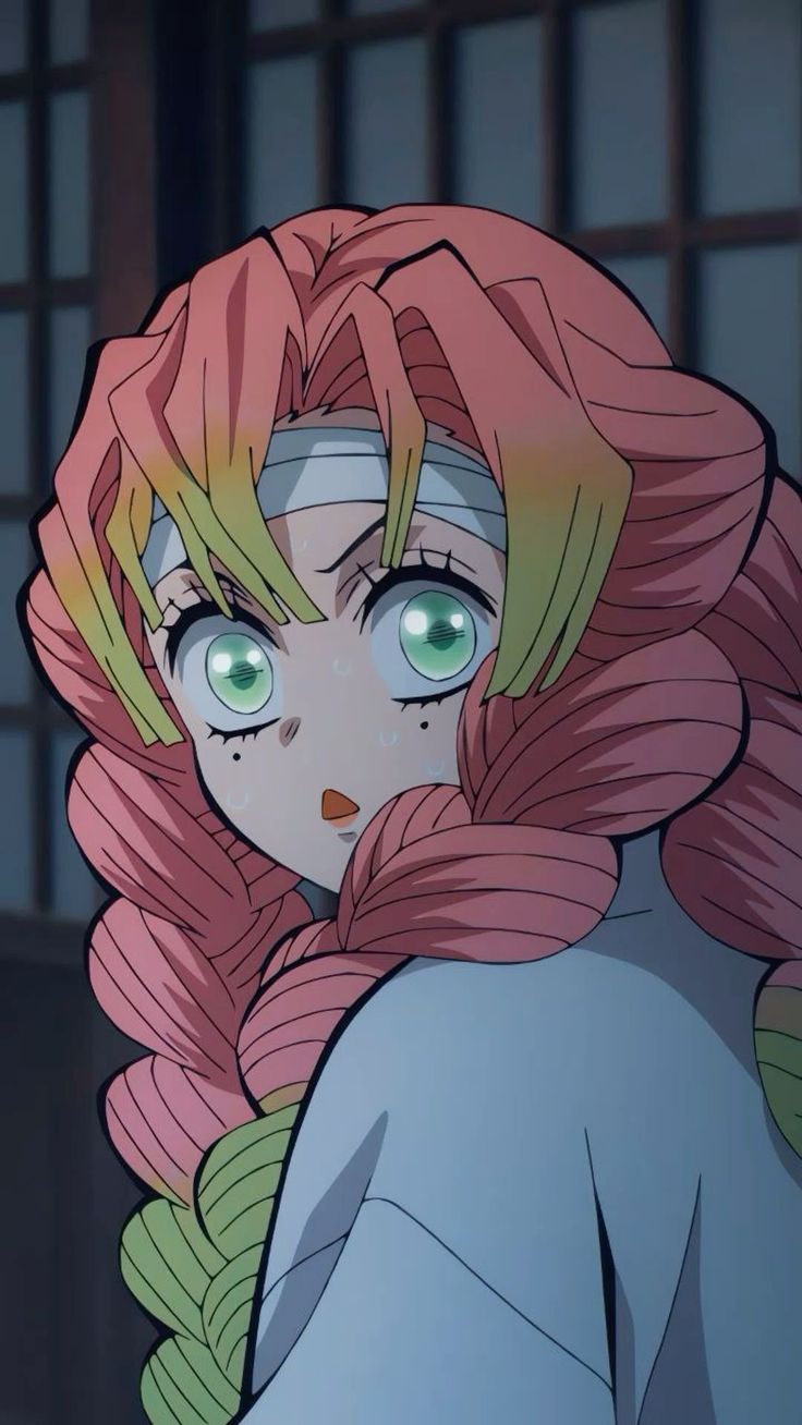 an anime character with pink hair and green eyes