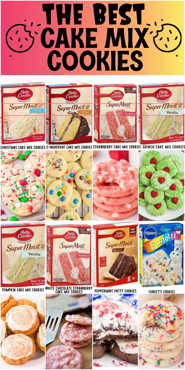 the best cake mix cookies are on display in this collage, with text overlaying