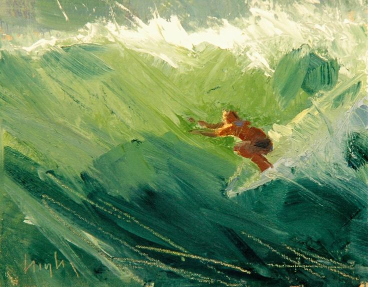 a painting of a man riding a wave on top of a surfboard