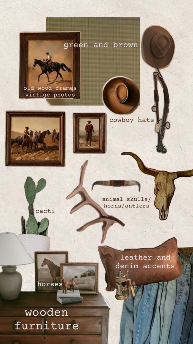 a wall with pictures and other items on it, including a cowboy hat, cowgirl hats, an antelope head, a wooden furniture