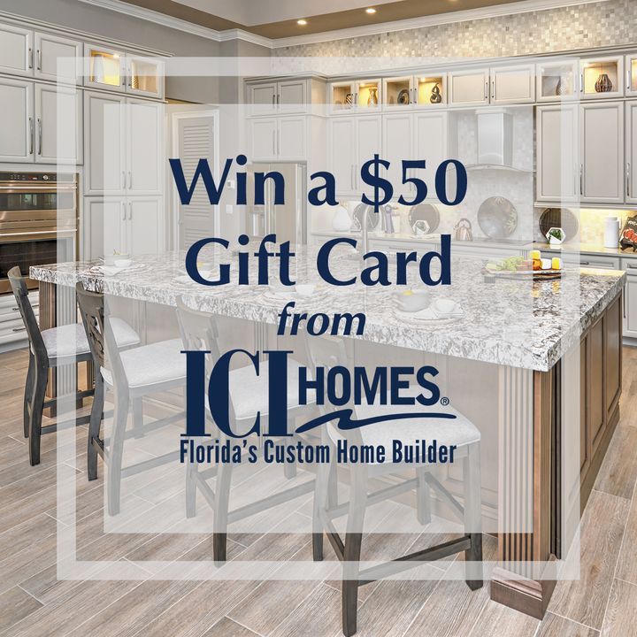 a kitchen with white cabinets and marble counter tops that says win a $ 50 gift card from ic homes florida's custom home builder