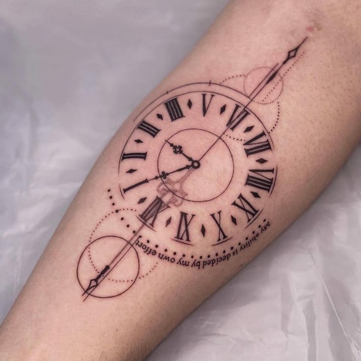 a black and white photo of a clock tattoo on the right leg, with words written in roman numerals