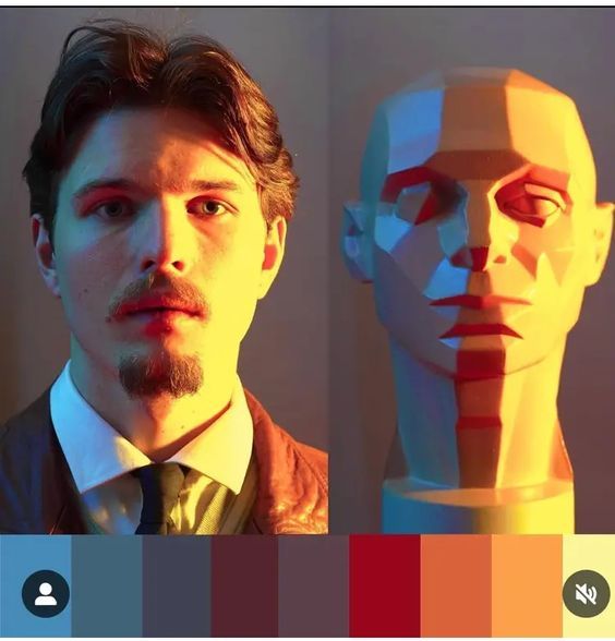 a man standing next to a mannequin head in front of a color scheme