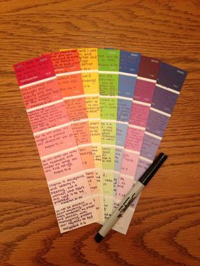 several colors of paper with writing on them sitting next to a pen and eraser