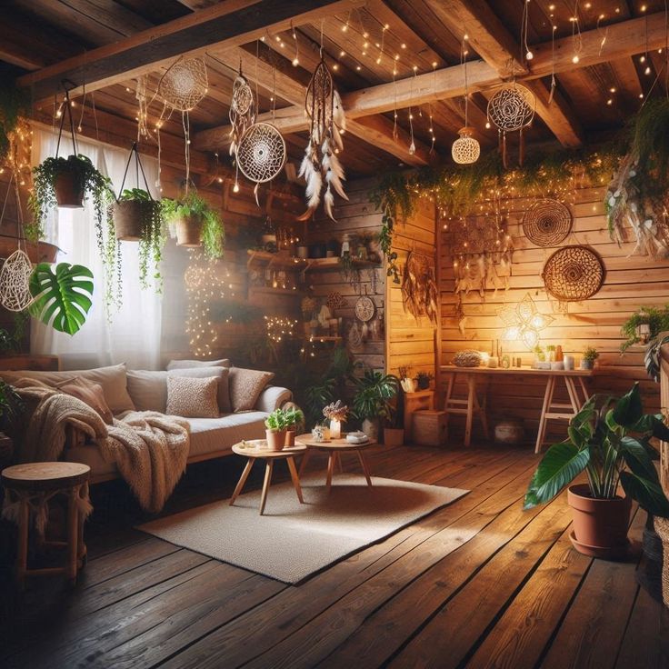 a living room filled with lots of plants and lights